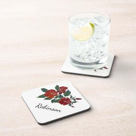 Plastic Onderzetter - Red Hibiscus met naam (Rechterzijde)