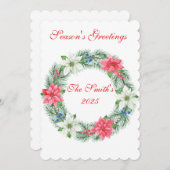 Plat Kerstkaart - Luxe Gescallopeerde Poinsettia K (Voorkant / Achterkant)