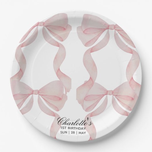 plate Pink Bow Paper Plate 1st birthday Papieren Bordje (Voorkant)