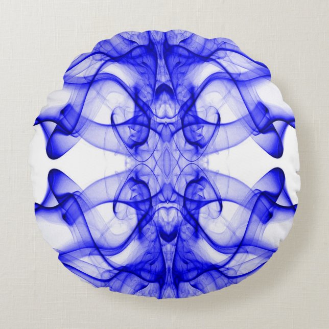 Platen van blauwe rook op wit rond kussen (Voorkant)