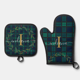 Platenscript Monogram Botanische Krans Tartan Ovenwant & Pannenlap Set