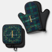 Platenscript Monogram Botanische Krans Tartan Ovenwant & Pannenlap Set (Voorkant / Achterkant)