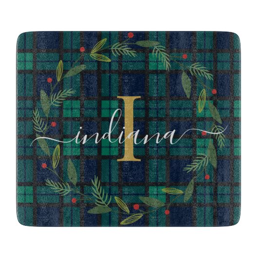 Platenscript Monogram Botanische Krans Tartan Snijplank (Voorkant)