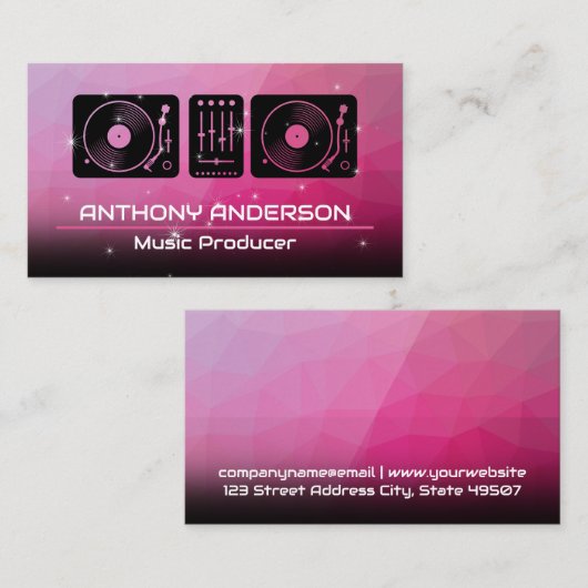 Platenspelers | Magenta achtergrond | Sparkles Visitekaartje (Voorkant / Achterkant)