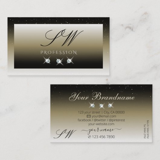 Platina Beige Gradiënt Glitter Diamanten Initialen Visitekaartje (Voorkant / Achterkant)