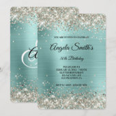 Platina Glitter Turquoise Folie Fancy Monogram Kaart (Voorkant / Achterkant)