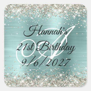 Platina Glitter Turquoise Folie Monogram 21ste Ver Vierkante Sticker