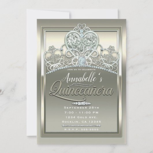 Platina Ivoren Prinsessen Hart Diadeem Quinceañera Kaart (Voorkant)