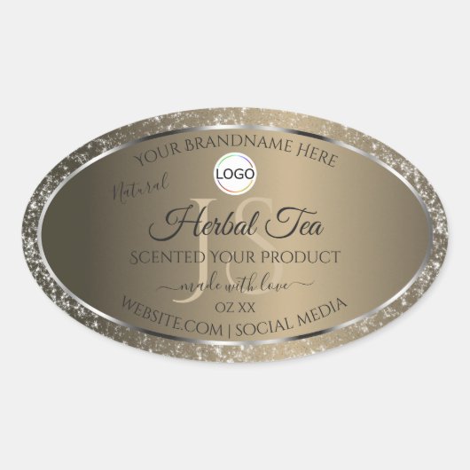 Platinum Beige Logo Initialen Glitter Productlabel Ovale Sticker (Voorkant)