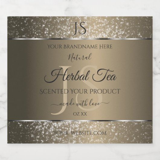 Platinum Beige met Glitter Initialen Productlabel Likeurfles Etiket (Enkel label)