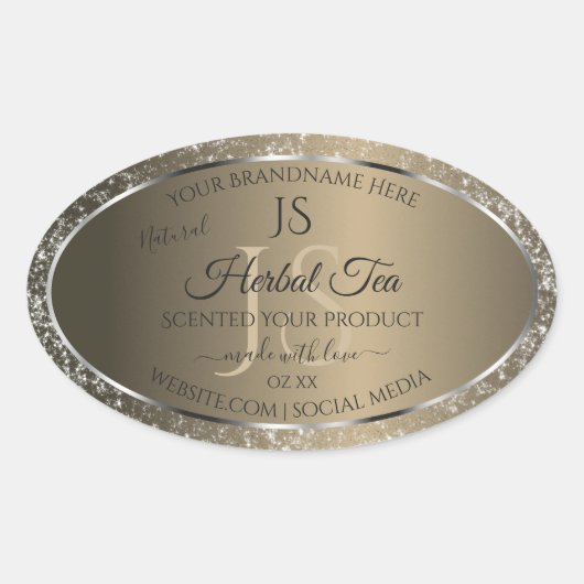 Platinum Beige met Glitter Initialen Productlabel Ovale Sticker (Voorkant)