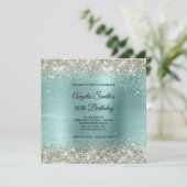 Platinum Glitter Bleek Turquoise Folie Monogram Kaart (Staand voorkant)