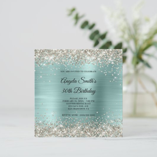 Platinum Glitter Bleek Turquoise Folie Monogram Kaart (Staand voorkant)