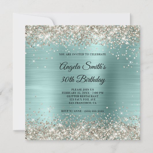 Platinum Glitter Bleek Turquoise Folie Monogram Kaart (Voorkant)