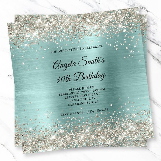 Platinum Glitter Bleek Turquoise Folie Monogram Kaart
