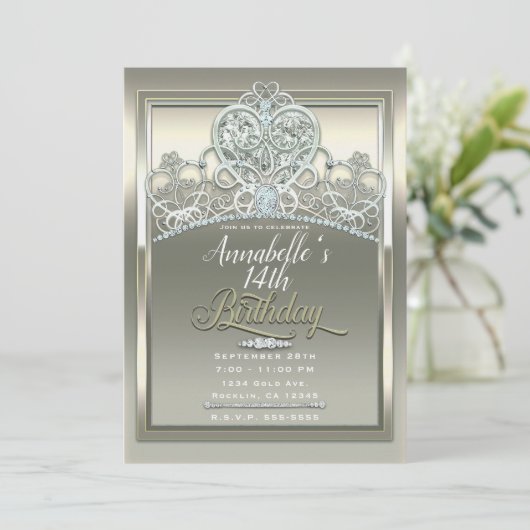 Platinum Ivoor Prinses Hart Tiara Verjaardagsfeest Kaart (Staand voorkant)