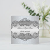 Platinum Silver Damask lijst Wedding Invitations Kaart (Staand voorkant)