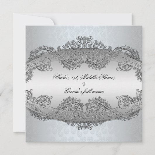 Platinum Silver Damask lijst Wedding Invitations Kaart (Voorkant)
