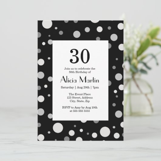 Platinum zilver grijs polka dot zwart 30 verjaarda kaart (Staand voorkant)