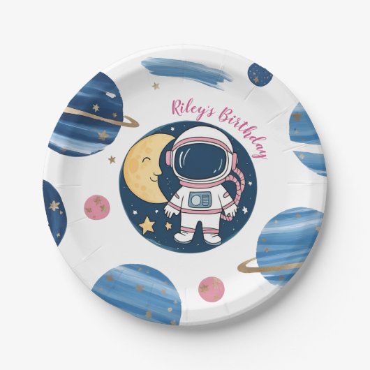 Plato De Papel Cumpleaños Astronauta Pink Blue Papieren Bordje (Voorkant)