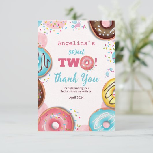Platte bedankkaart voor 2e verjaardag. (Staand voorkant)