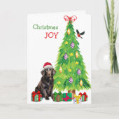 Platte gecoate retriever hond, vogel en kerstboom feestdagen kaart (Voorkant)