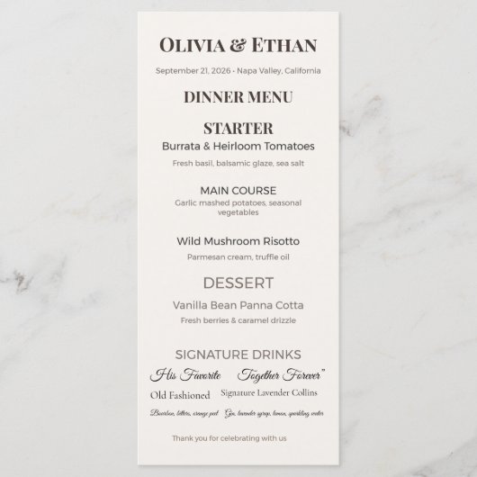 Platte Huwelijksmenu's | Elegante Aangepaste Ontva Menu (Voorkant)