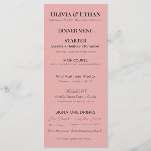 Platte Huwelijksmenu's | Elegante Aangepaste Ontva Menu (Voorkant)