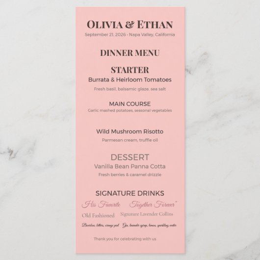 Platte Huwelijksmenu's | Elegante Aangepaste Ontva Menu (Voorkant)