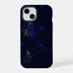 Platte kaart van de aarde met stadslichten van de iPhone 15 case