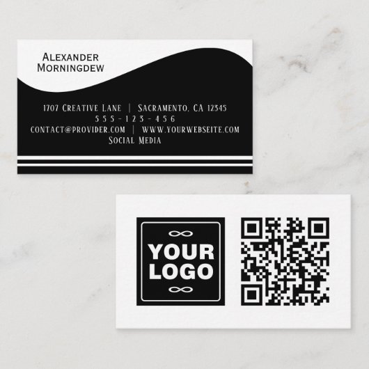 Platte labelrand - Golf zwart 1 - logo + QR-code Visitekaartje (Voorkant / Achterkant)