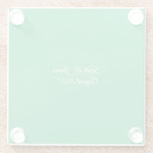 Platte Mint Groene Achtergrond – Huwelijksontwerp Glazen Onderzetter (Achterkant)