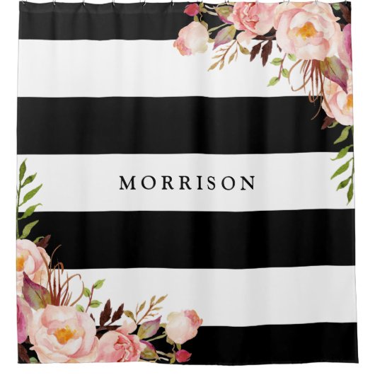 platte monogram van Classy Black White Stripes Douchegordijn (Voorkant)