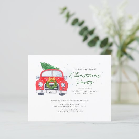 Platte rustieke auto kerstfeest uitnodiging (Staand voorkant)