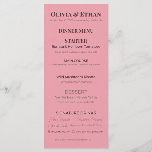 Platte Trouwmenu | Elegante Aangepaste Ontvangstka Menu (Voorkant)
