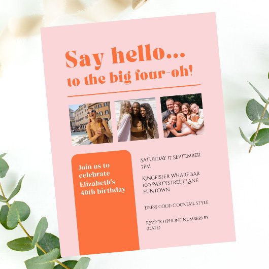 Platte uitnodiging met 3 foto's, 40e verjaardag re