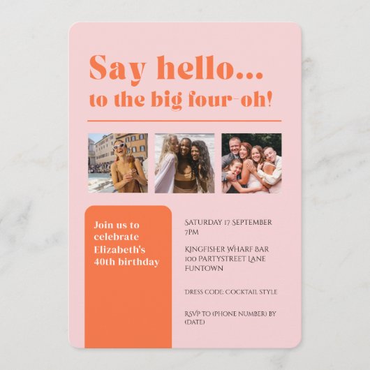 Platte uitnodiging met 3 foto's, 40e verjaardag re (Voorkant)