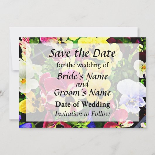 Platte viooltjes gemengde kleuren Save the Date (Voorkant)