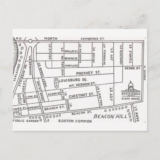 Plattegrond van Beacon Hill in Boston Briefkaart (Voorkant)