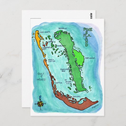Plattegrond van Pine Island Sanibel Captiva Island Briefkaart (Voorkant / Achterkant)