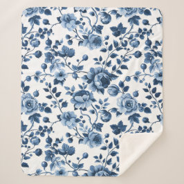 Platteland Blauw Bloemen Patroon Sherpa Deken