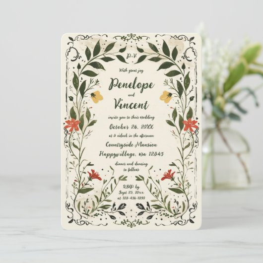 Platteland Handgeschreven Boho Floral Wedding Kaart (Staand voorkant)