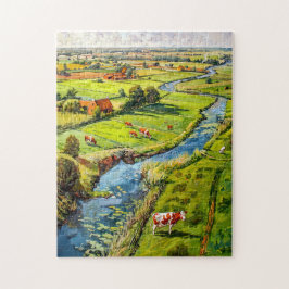 Platteland met koeien en beek fantasieschilderij legpuzzel