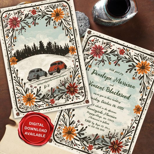 Platteland Schattigee Auto's Boho Floral Wedding Kaart