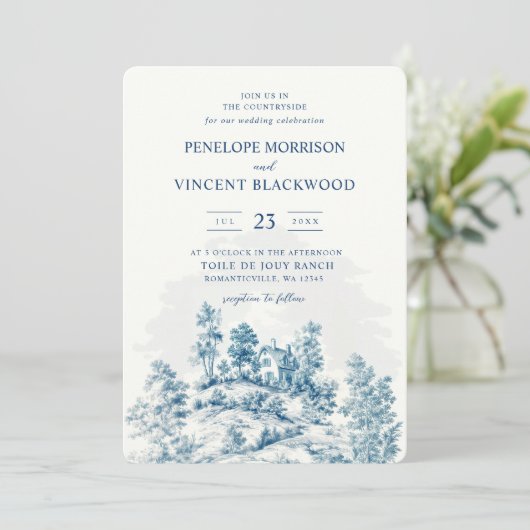 Platteland Toile de Jouy bruiloft Kaart (Staand voorkant)