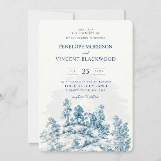 Platteland Toile de Jouy bruiloft Kaart (Voorkant)
