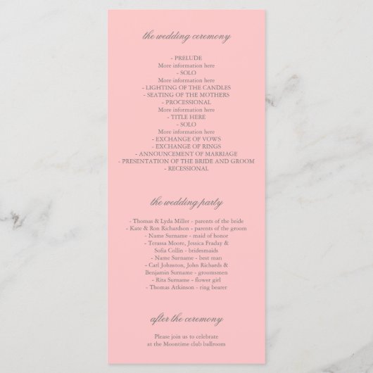 Platteland Zilveren Bloemen Roze Trouwprogramma's Programmakaart (Achterkant)