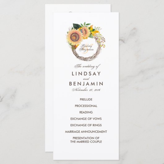 Platteland Zonnebloemen Krans Trouwprogramma's Programmakaart (Voorkant / Achterkant)