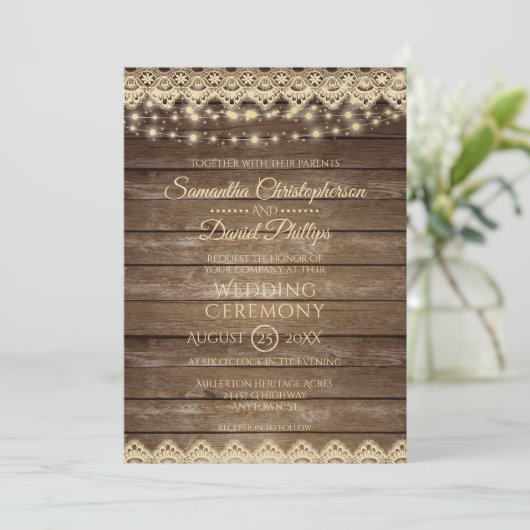 plattelandshout | Lights & Lace Wedding Kaart (Staand voorkant)