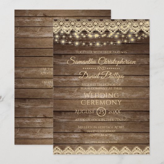 plattelandshout | Lights & Lace Wedding Kaart (Voorkant / Achterkant)